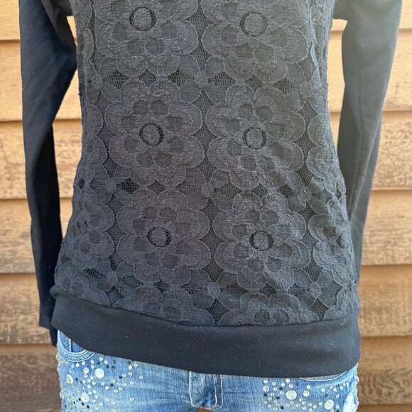 Active Womens Black Lace Front Long Sleeve Top Size M Cotton Blend - Picture 7 of 9